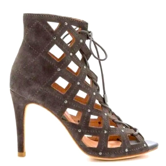 Anthropologie JOIE Cayla Studded Suede Cage Lace Up Bootie, Gray Slate 36.5 6.5 - Picture 1 of 12